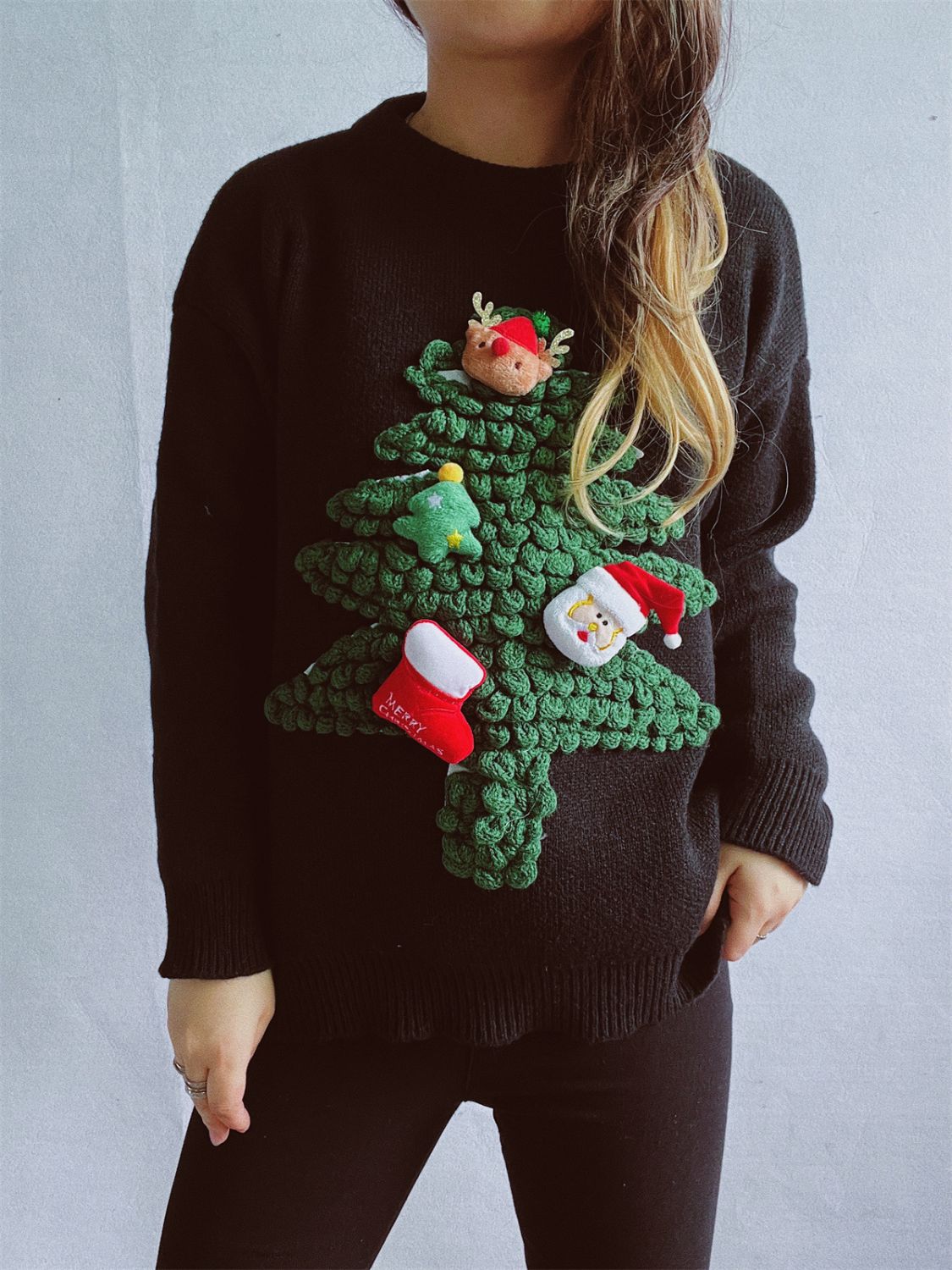 Christmas Tree Round Neck Long Sleeve Sweater in black