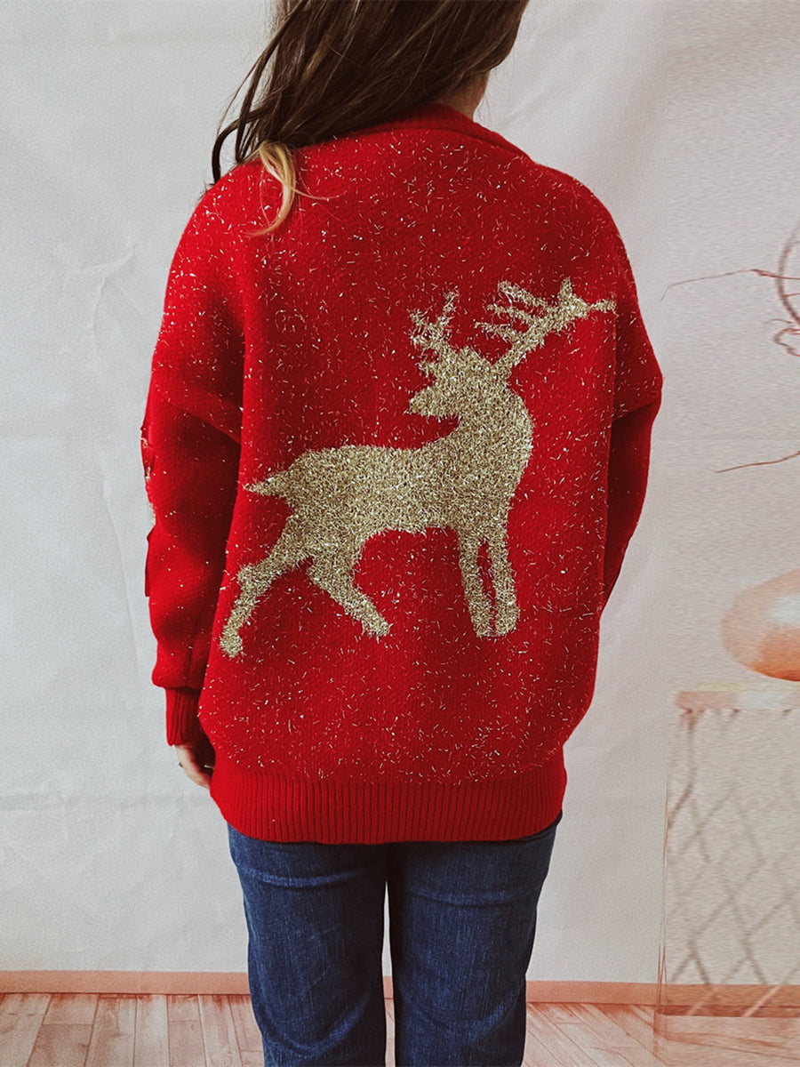 Reindeer Round Neck Long Sleeve Sweater in red