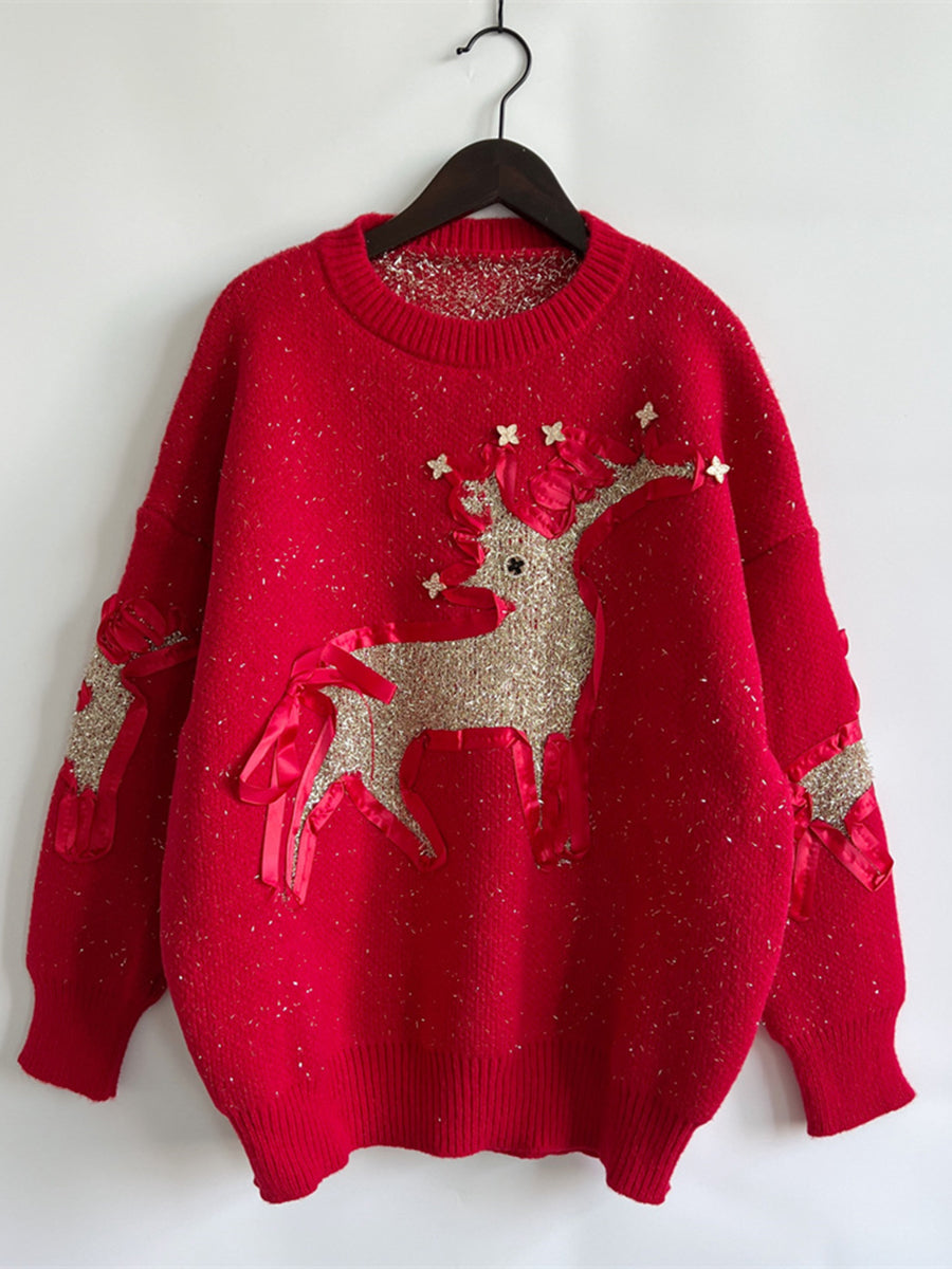 Reindeer Round Neck Long Sleeve Sweater in red