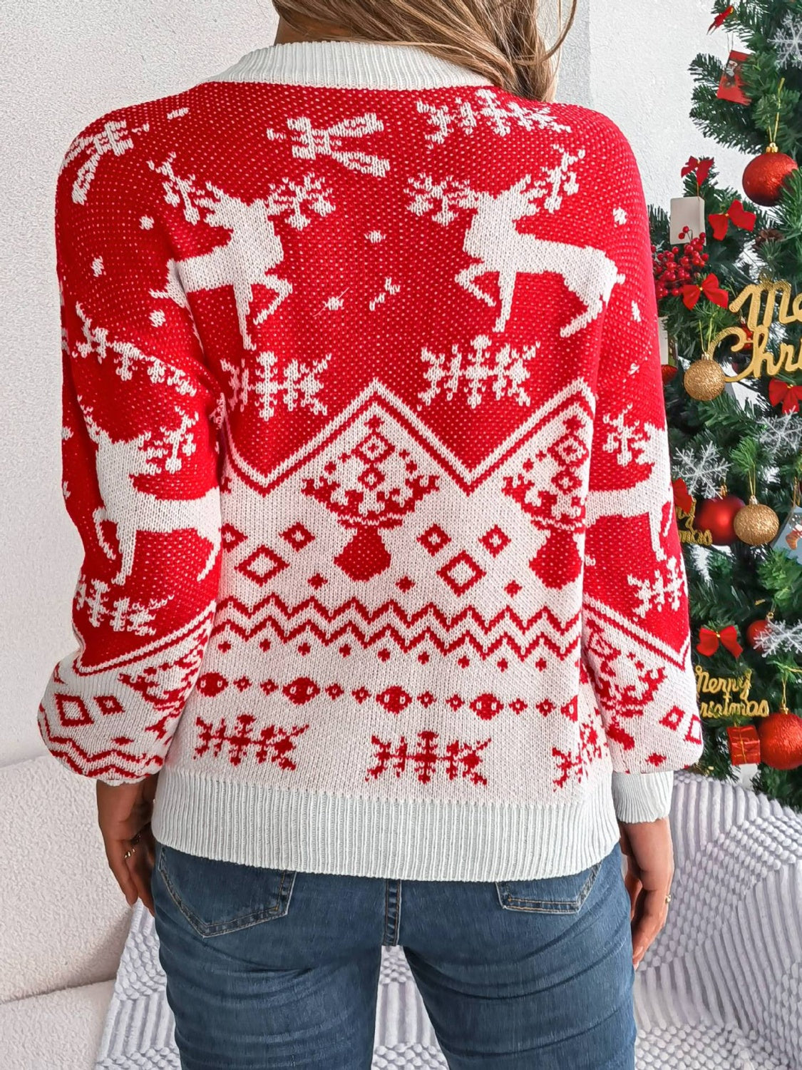 Christmas Element Round Neck Long Sleeve Sweater in red