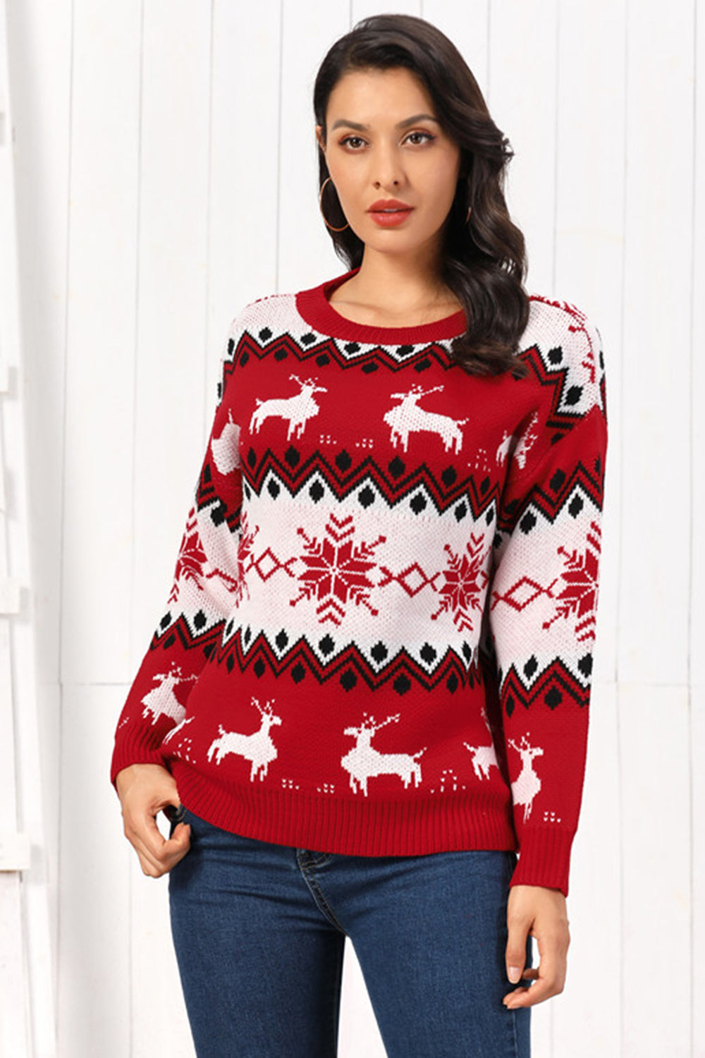 Reindeer Round Neck Sweater in deep red