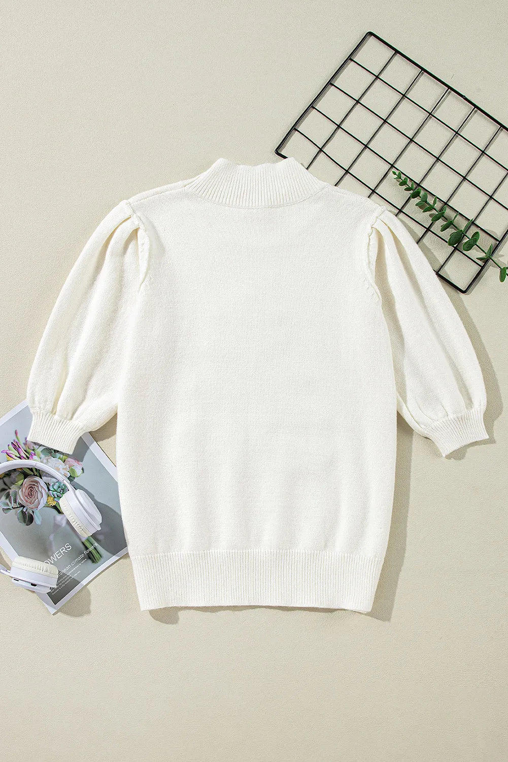 Sequin Mock Neck Short Sleeve Sweater in white
