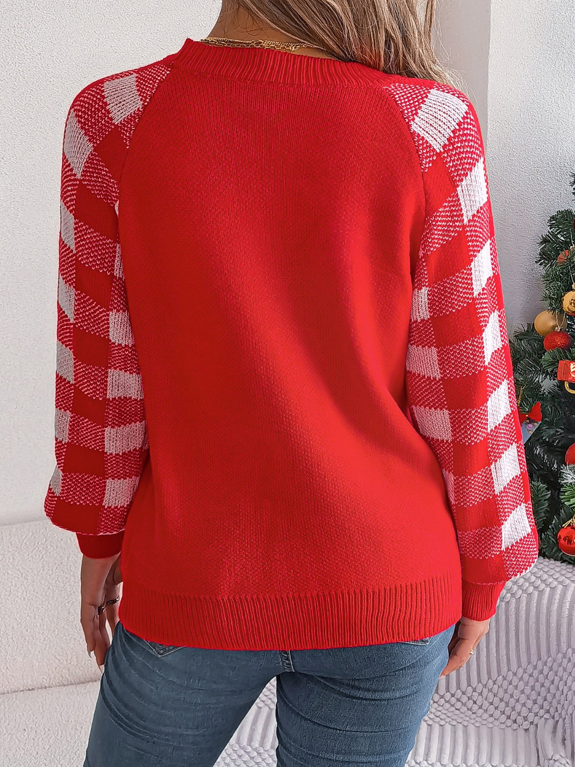 Reindeer Plaid Round Neck Long Sleeve Sweater in orange-red