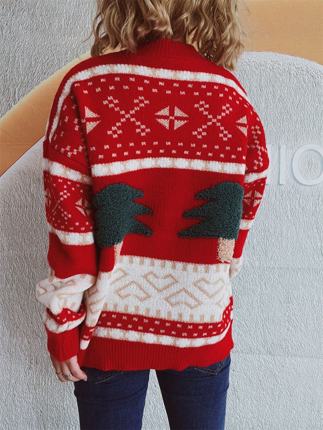 Christmas Tree Mock Neck Long Sleeve Sweater in scarlet