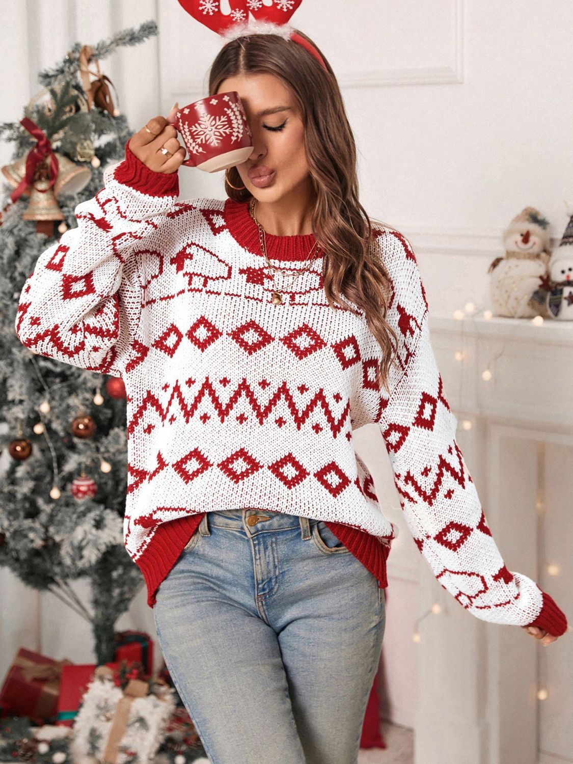 Perfee Contrast Geometric Round Neck Long Sleeve Sweater in white