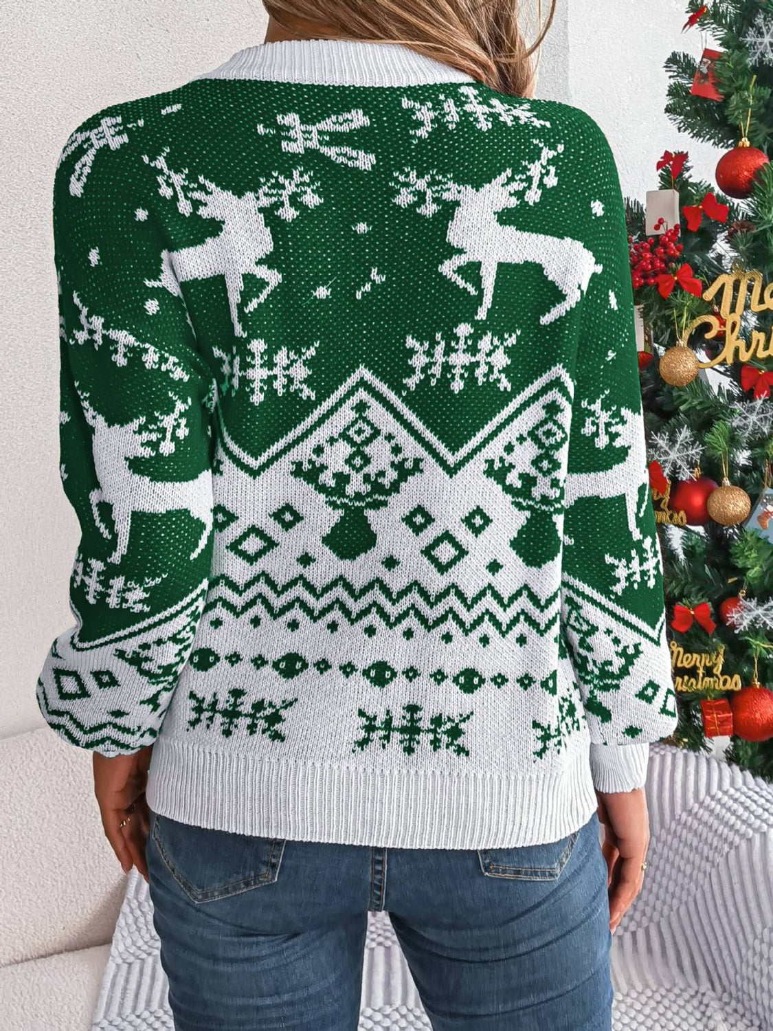 Christmas Element Round Neck Long Sleeve Sweater in dark green