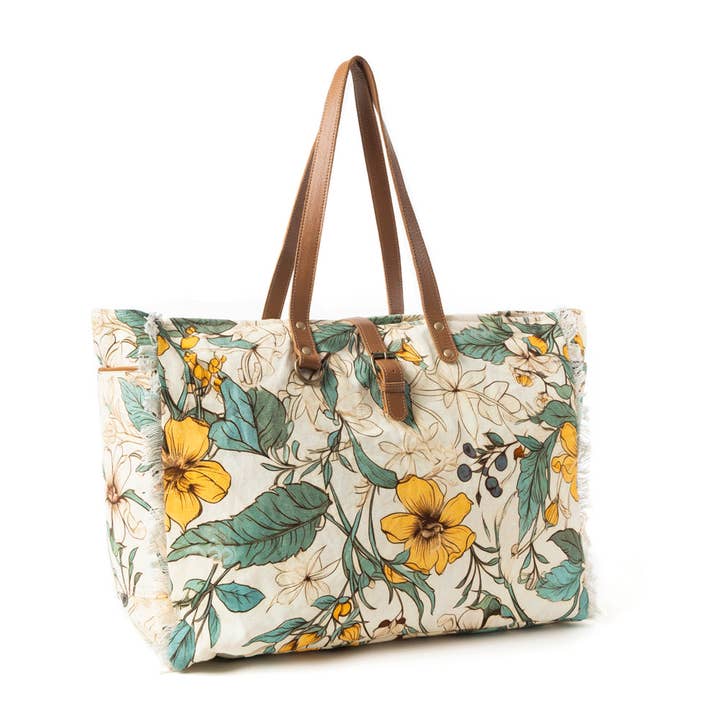 Lovely Florals Weekender Bag in light green has an 11" handle