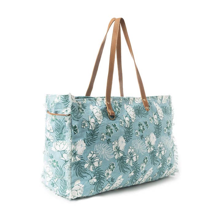 Delft Garden Weekender Bag in gray has an 11" handle