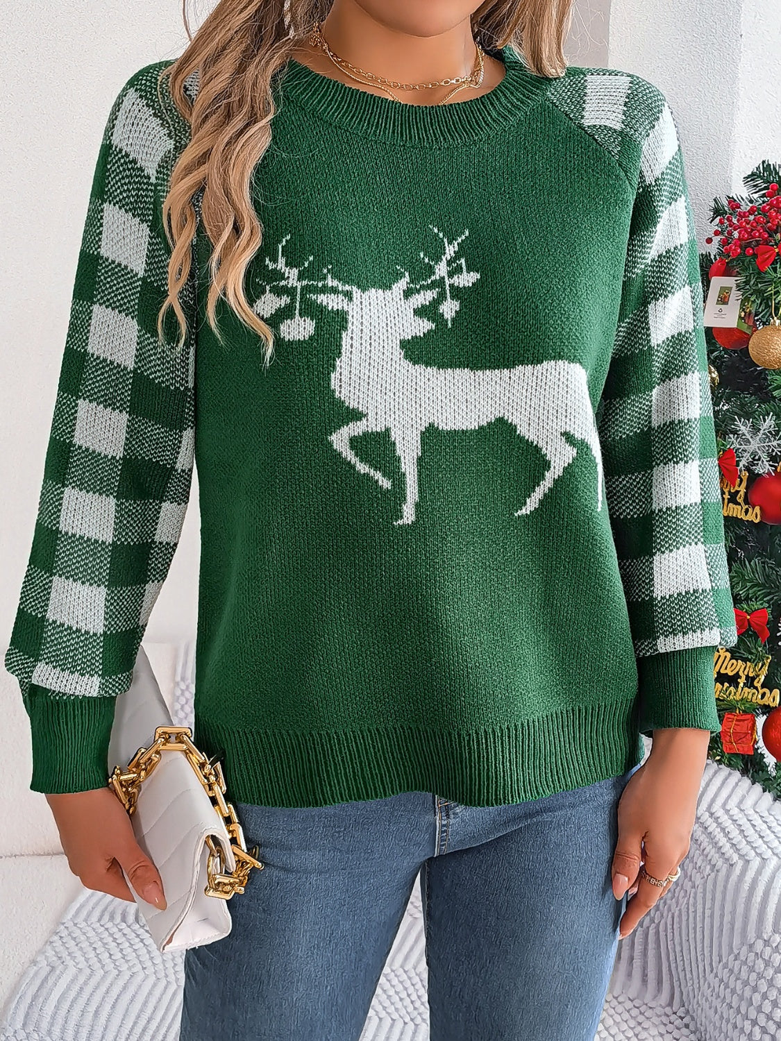 Reindeer Plaid Round Neck Long Sleeve Sweater in dark green