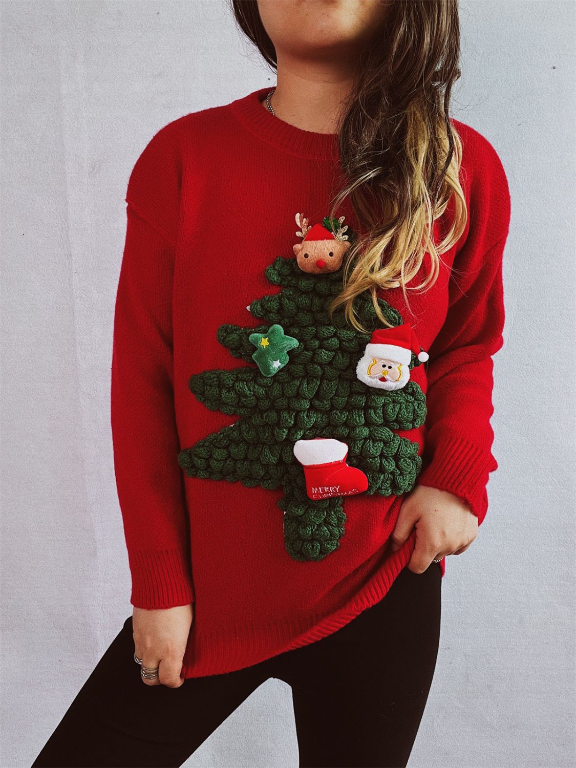 Christmas Tree Round Neck Long Sleeve Sweater in deep red