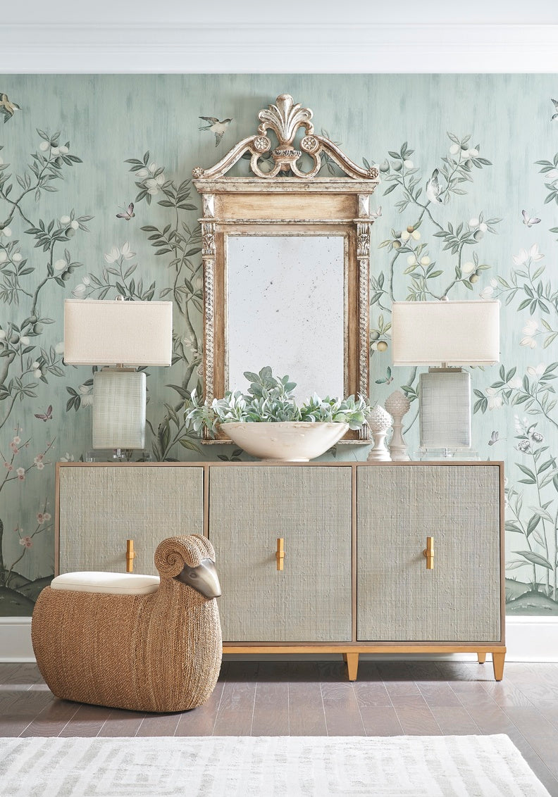 Artichoke Finial - Gray (Small) ceramic porcelain with gray glaze finish, lifestyle on console