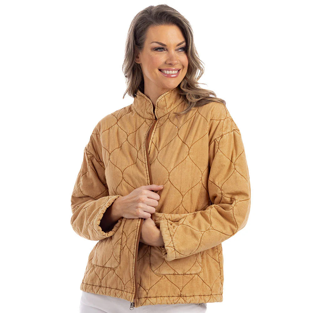 Camel Garment Washed Quilted Jacket on model