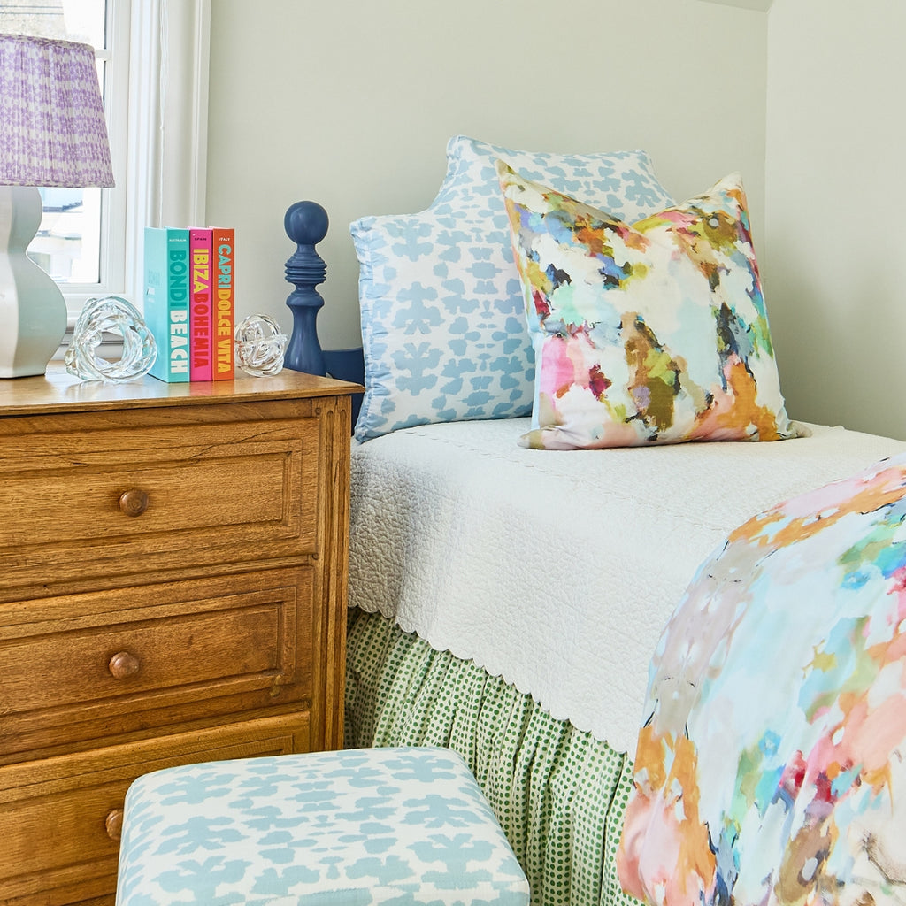 The Headboard Pillow® - Chintz Mist Twin XL in dorm room setting