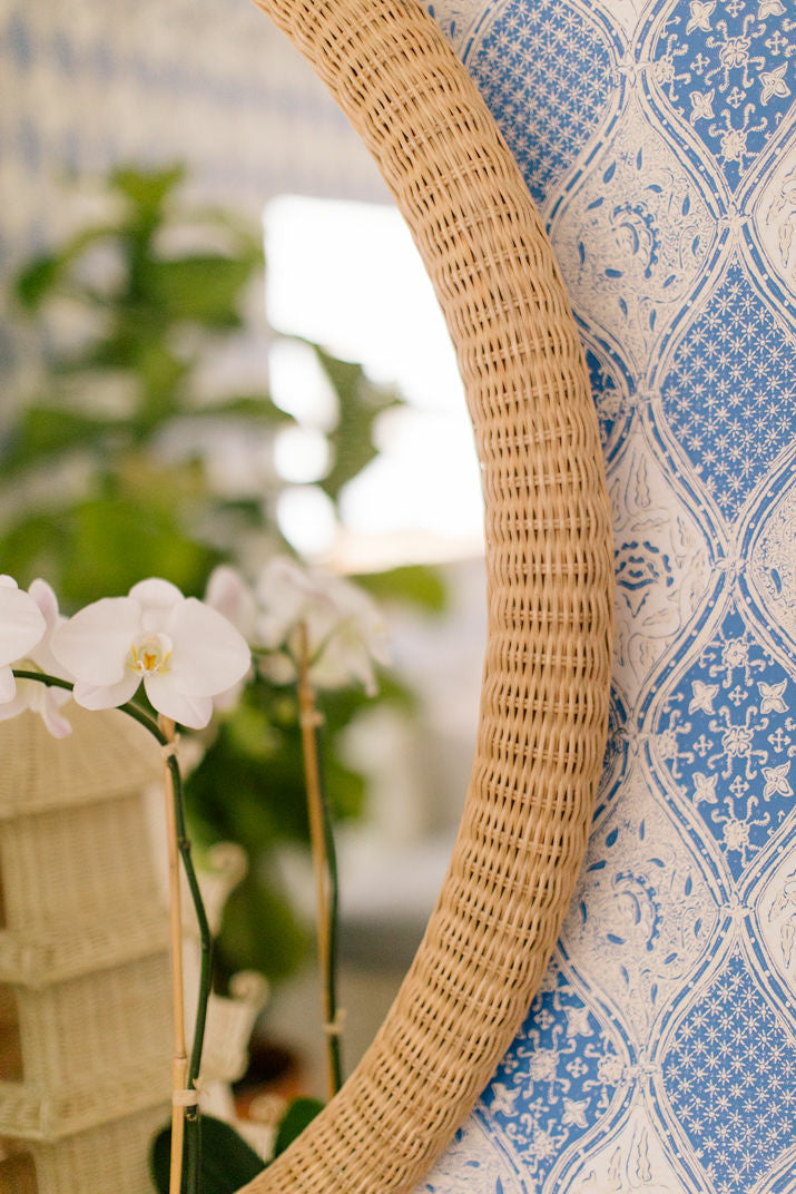 Dunmore Round Wicker Mirror by Amanda Lindroth. Braided weave rattan edge, grand scale
