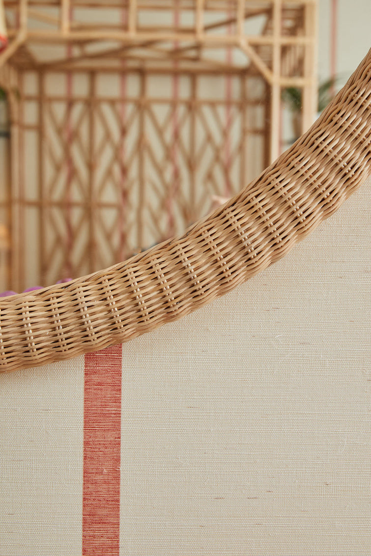 Dunmore Round Wicker Mirror braided rattan weave edge. By Amanda Lindroth