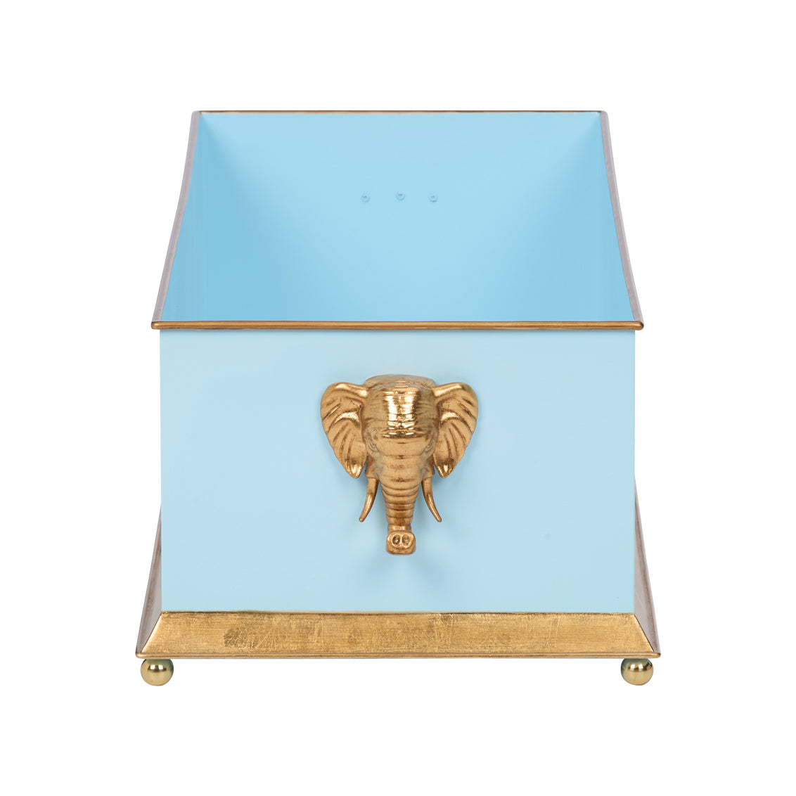 Elephant Head Planter - Blue metal planter has an elephant head on each end