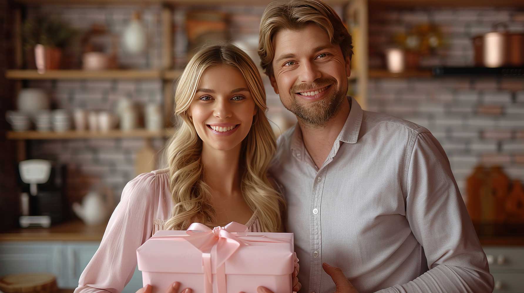 Young couple holding wrapped gift for expecting mother