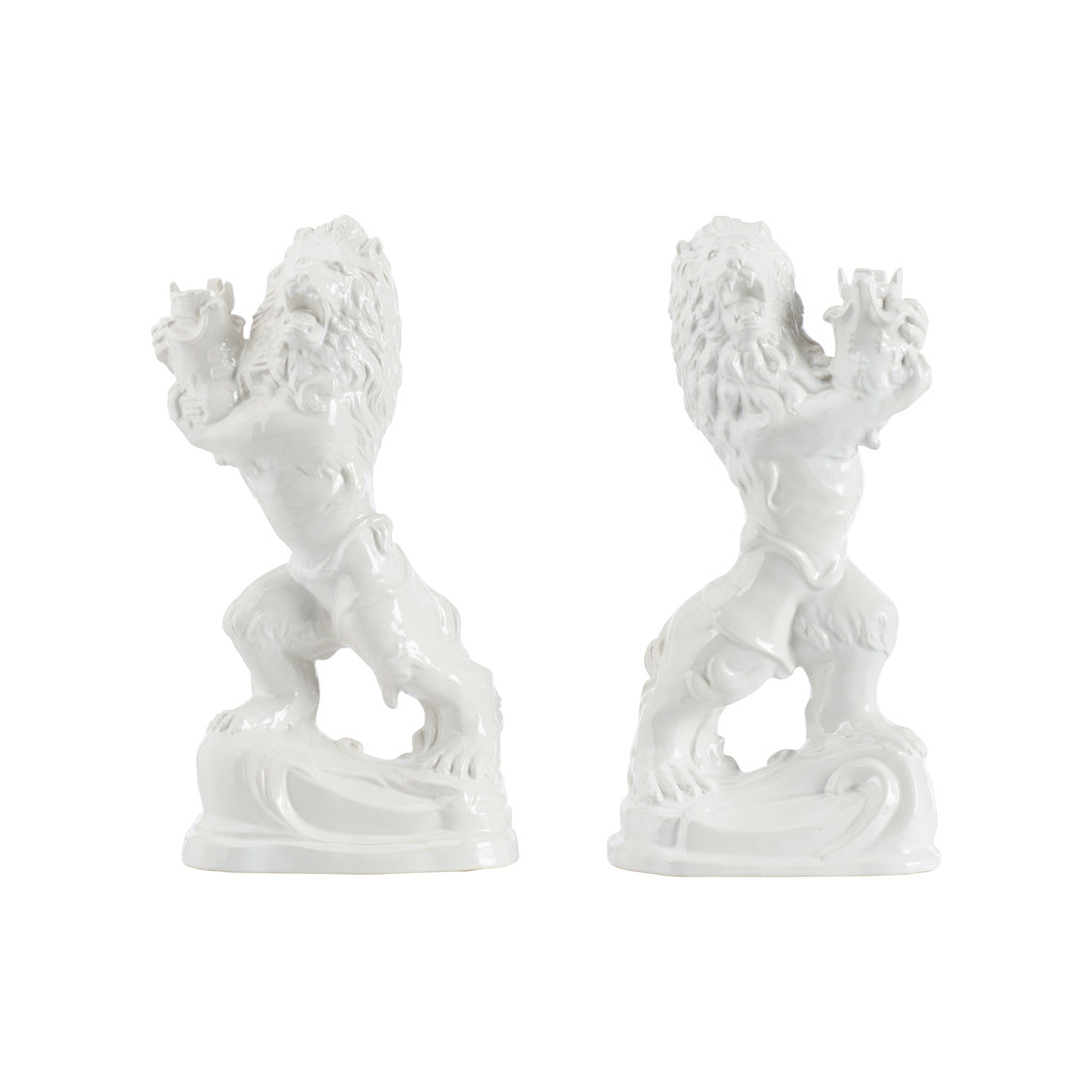 Faience Lions (Pr) - White ceramic figurines in white glaze, back view