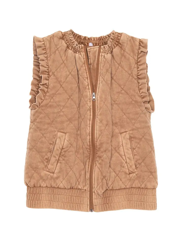 Garment Washed Quilted Ruffle Sleeve Vest - Brown