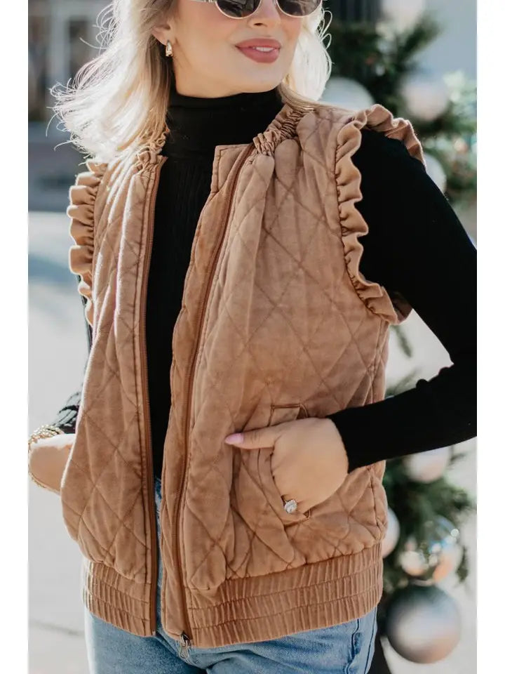 Garment Washed Quilted Ruffle Sleeve Vest - Brown