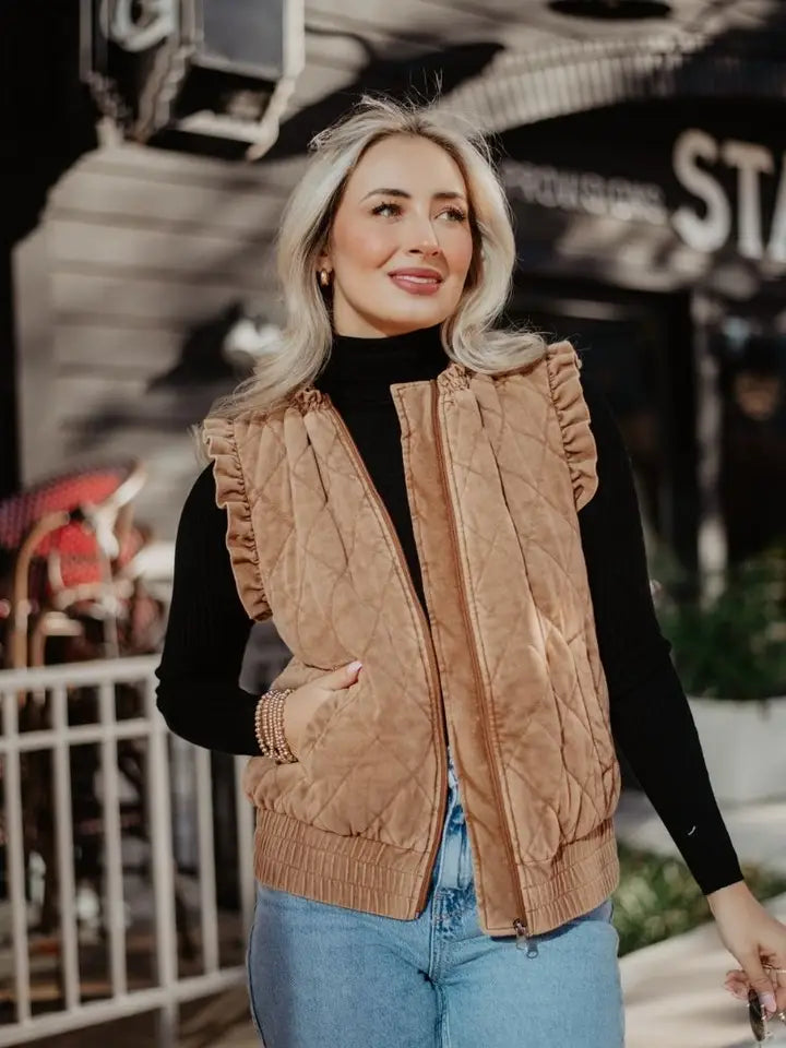 Garment Washed Quilted Ruffle Sleeve Vest - Brown