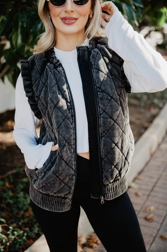 Garment Washed Quilted Ruffle Sleeve Vest - Charcoal