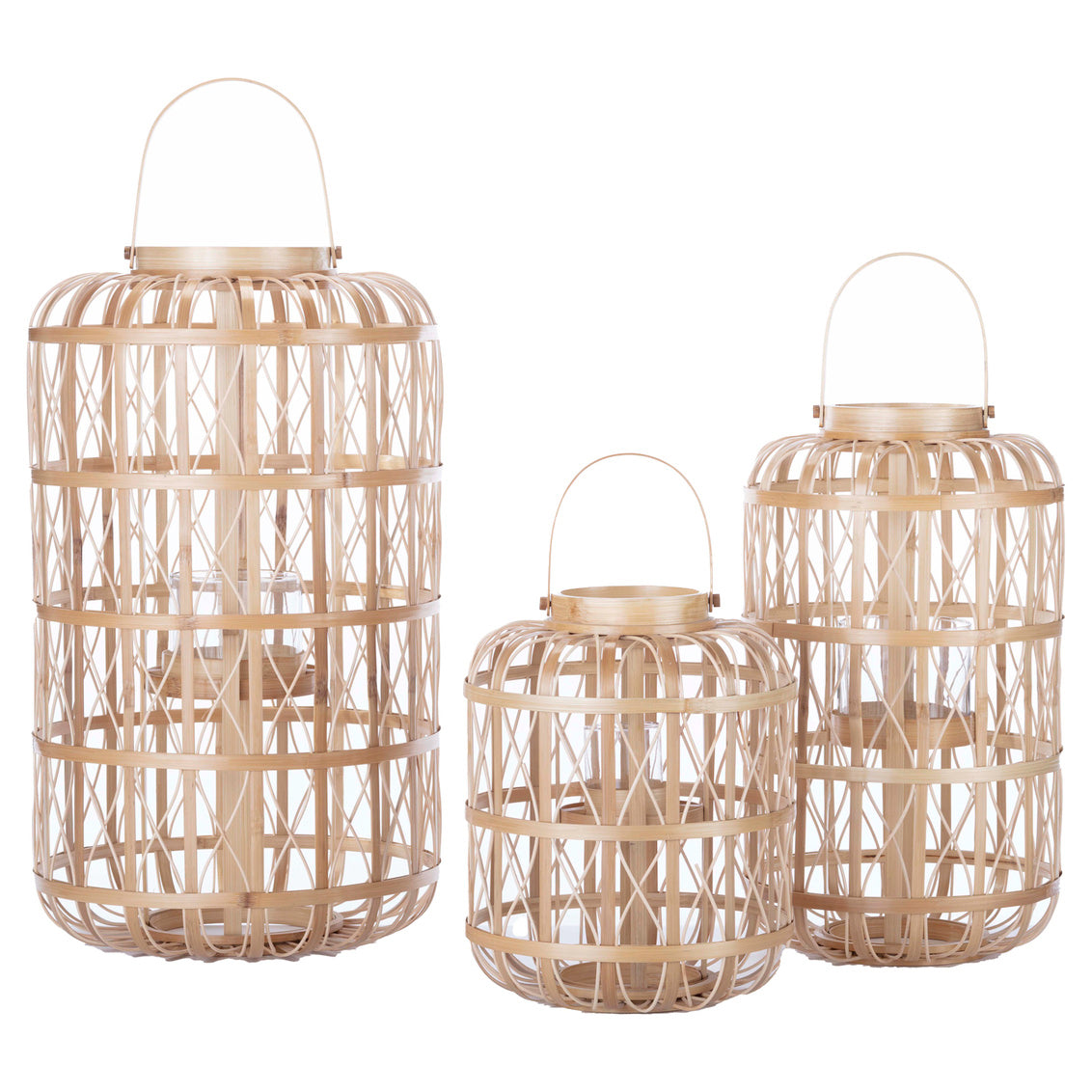 Harbour Island Lantern-Medium shown with other sizes. Natural rattan, open-weave pattern