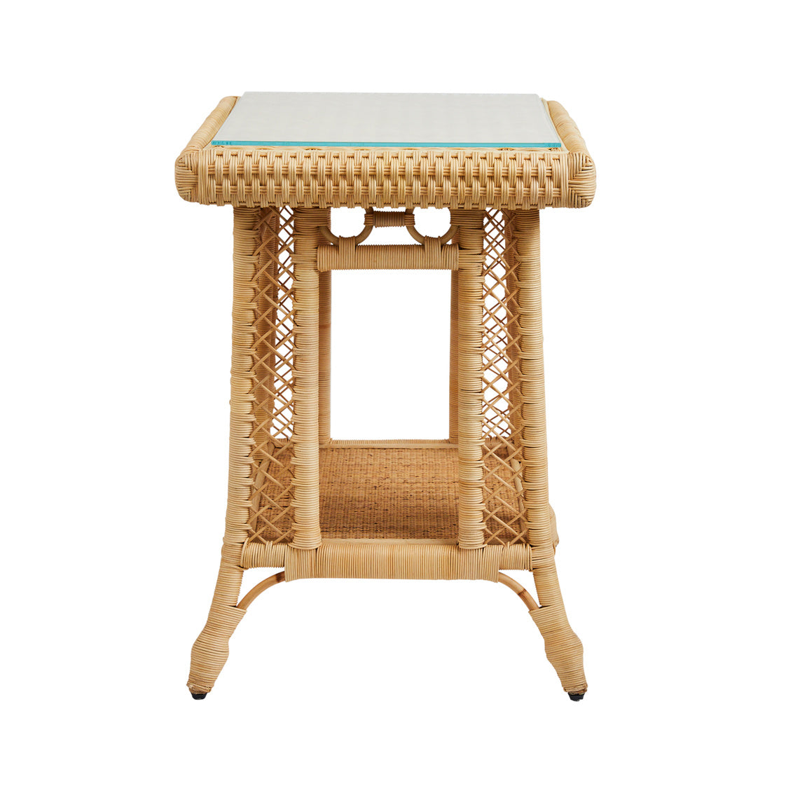 Hope Town Side Table by Amanda Lindroth side view. Natural rattan with glass top