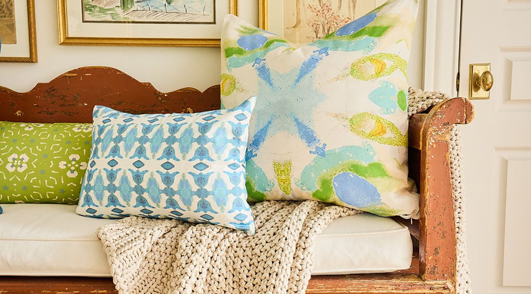 Porto Collection from Laura Park Designs with Hyacinth Azul and other throw pillows shown