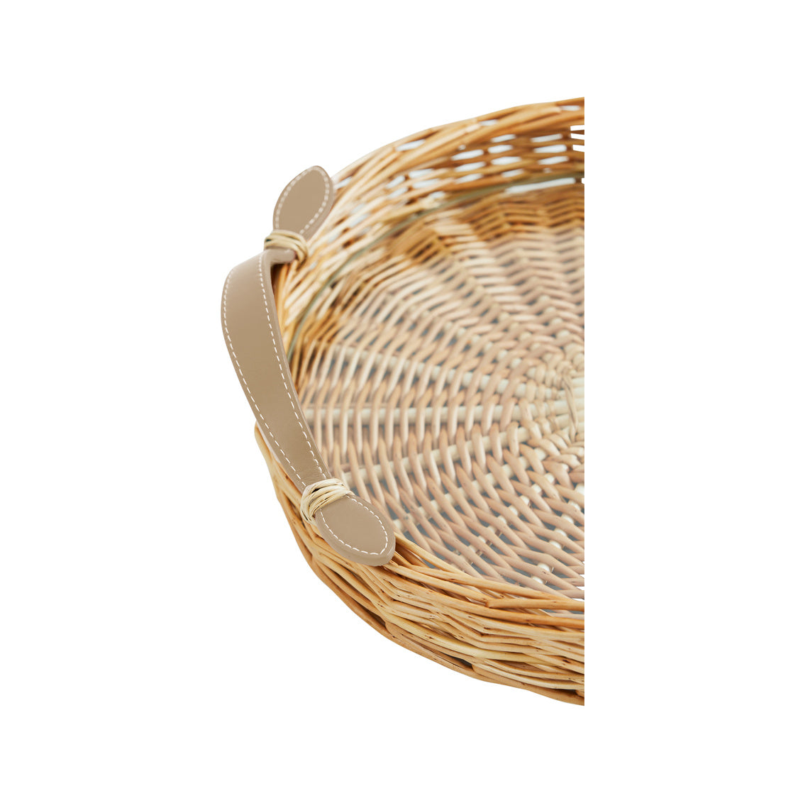 Island Tray Round-Large leather handle detail. From Amanda Lindroth