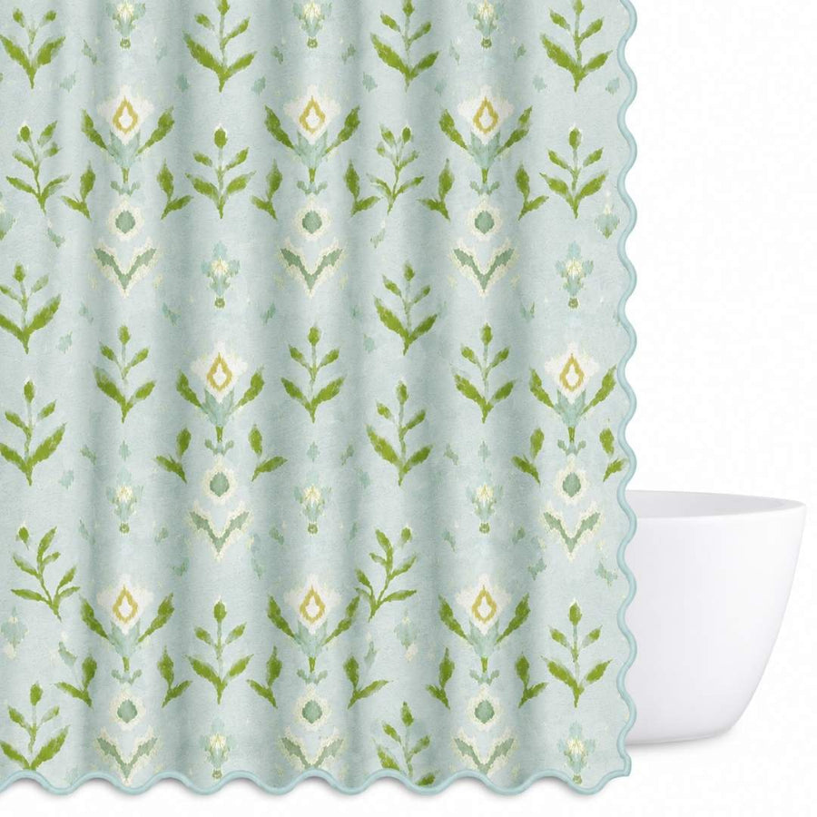 Petal Garden Aqua Shower Curtain in shades of olive and light blue