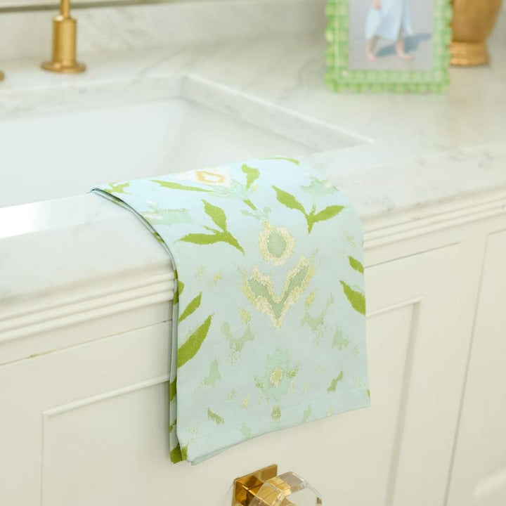 Petal Garden Aqua Tea Towel has hand-painted floral pattern