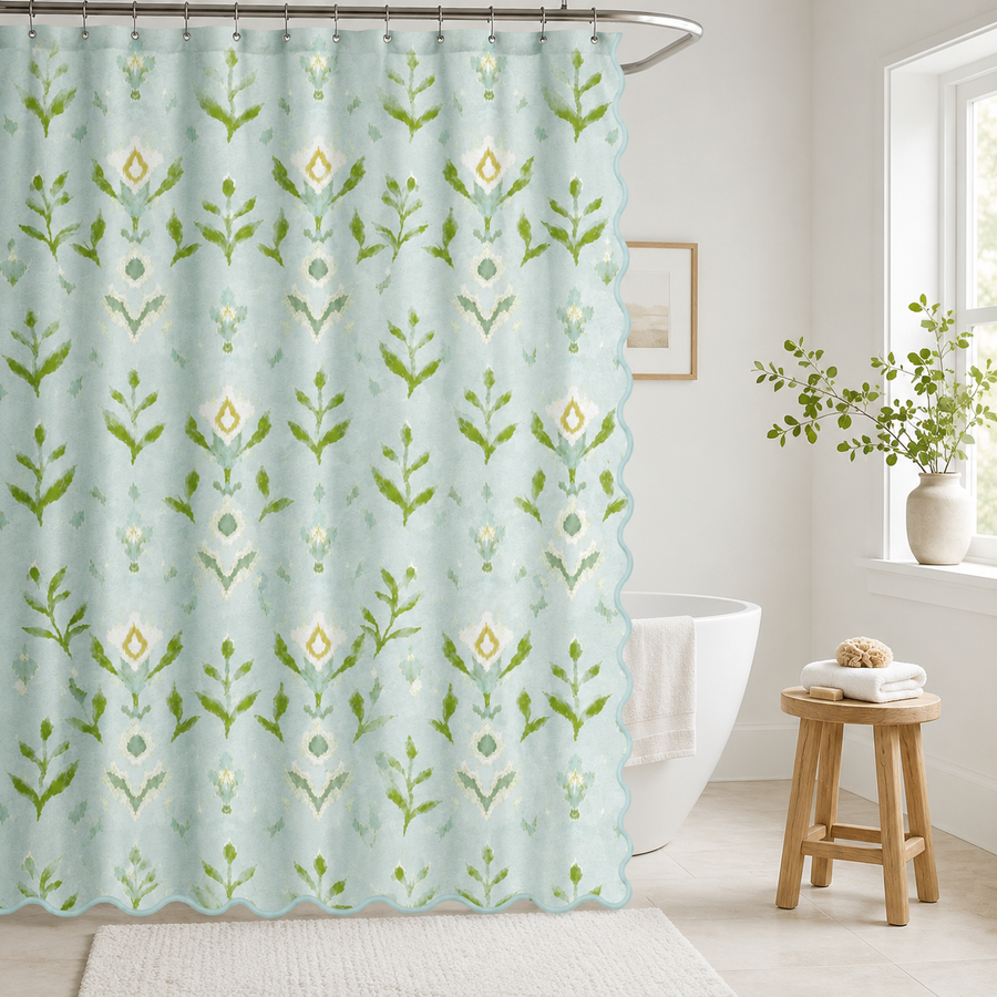 Petal Garden Aqua Shower Curtain has scalloped edges for a finished look