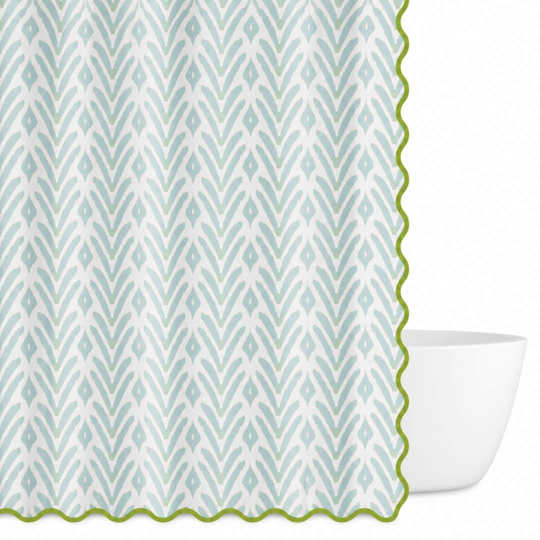 Petite Frond Blue Shower Curtain has scalloped edges for a tailored look
