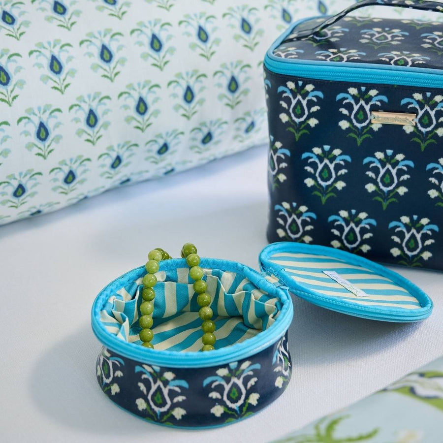 Rosemary Indigo Round Jewelry Case is ideal for bedside or travel