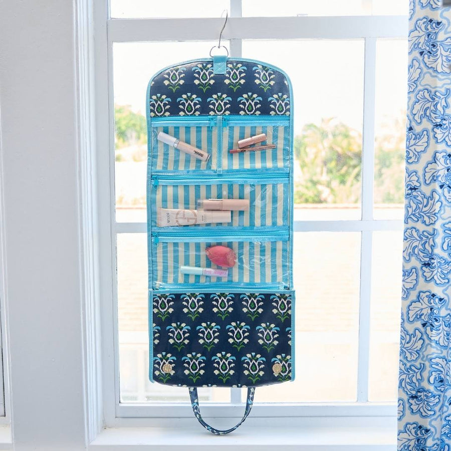 Rosemary Indigo Hanging Travel Case keeps your cosmetics organized
