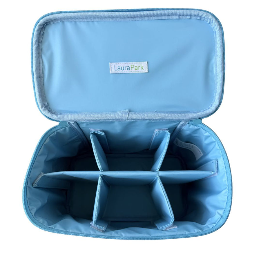 Rosemary Indigo Train Case with multiple interior compartments