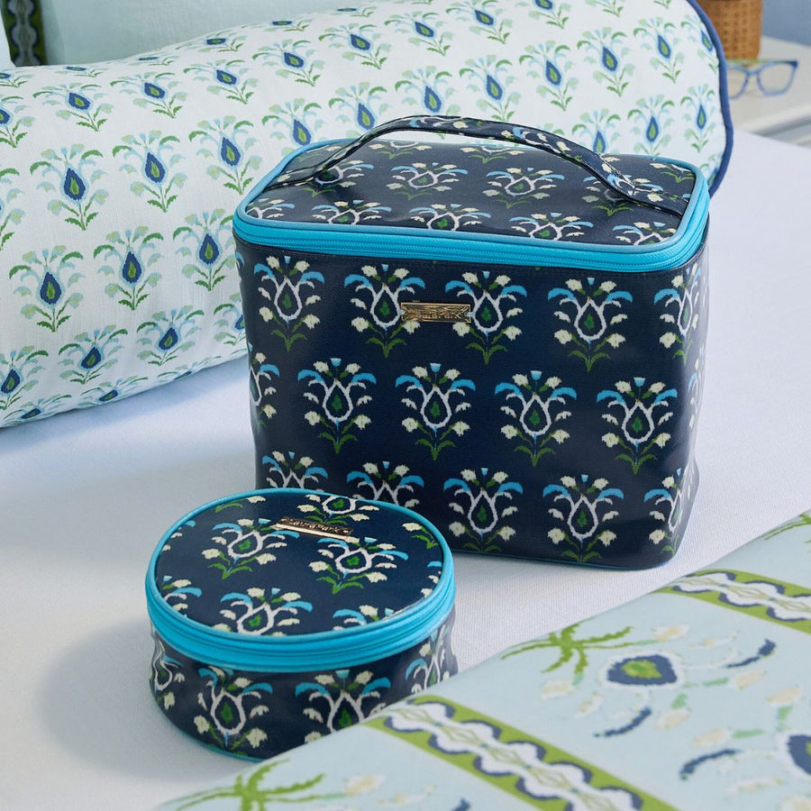 Rosemary Indigo Train Case shown with round jewelry case