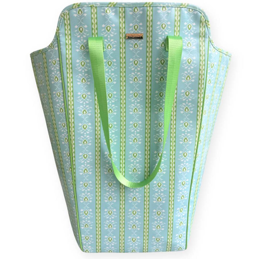 Rosemary Stripe Blue Laundry Bag in shades of blue, green, and white