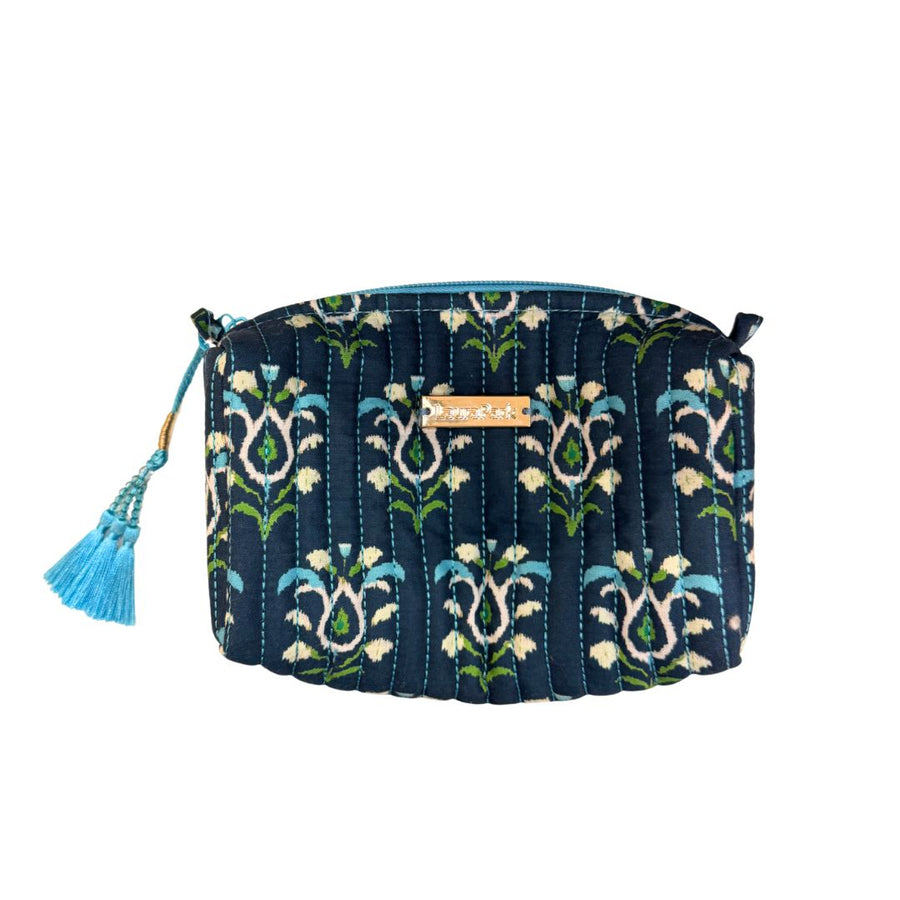 Rosemary Indigo Signature Small Cosmetic Bag has blue and white decorative patterns
