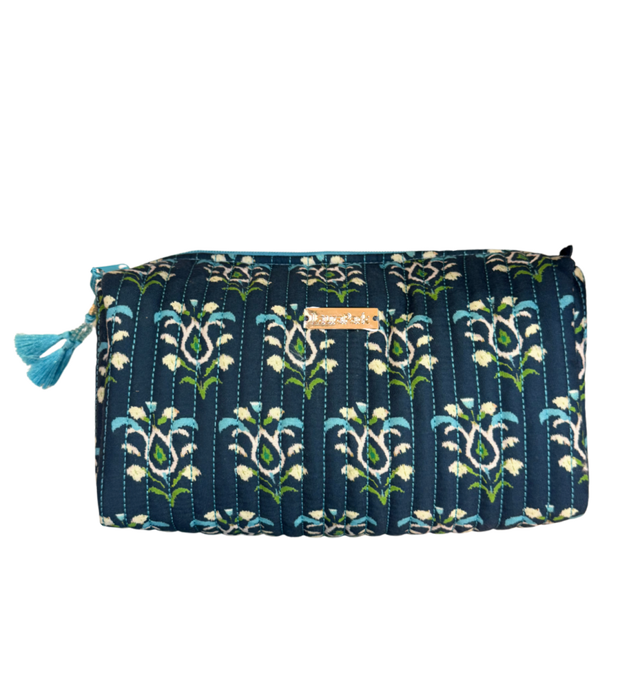 Rosemary Indigo Signature Large Cosmetic Bag with green and white patterns