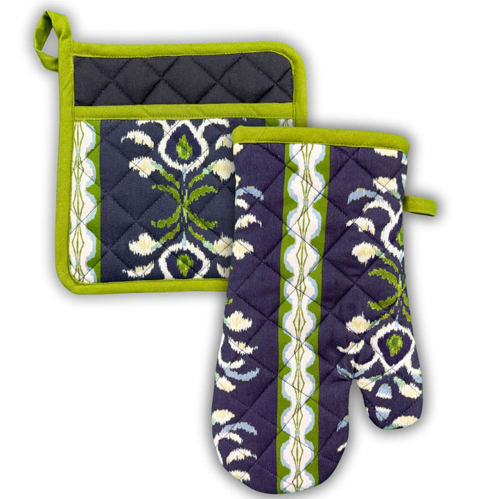 Rosemary Stripe Indigo Oven Mitt and Pot Holder Set in blue and green