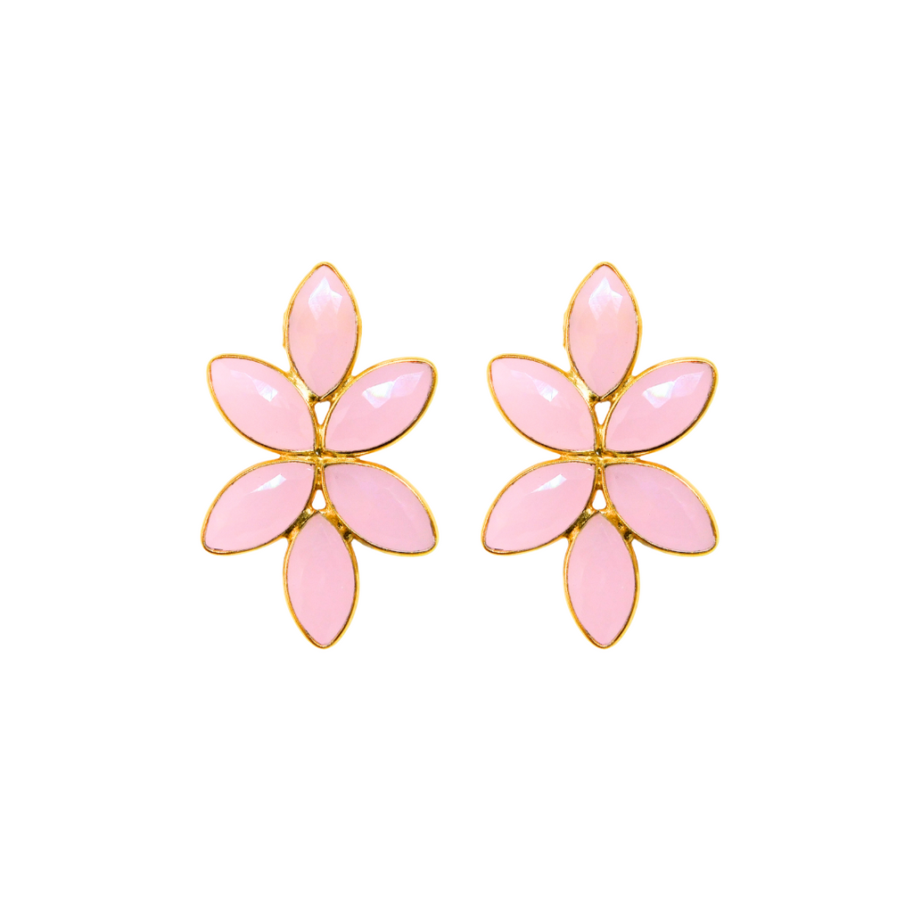 The "Leigh" Earrings in a translucent bubble gum hue floral shape.