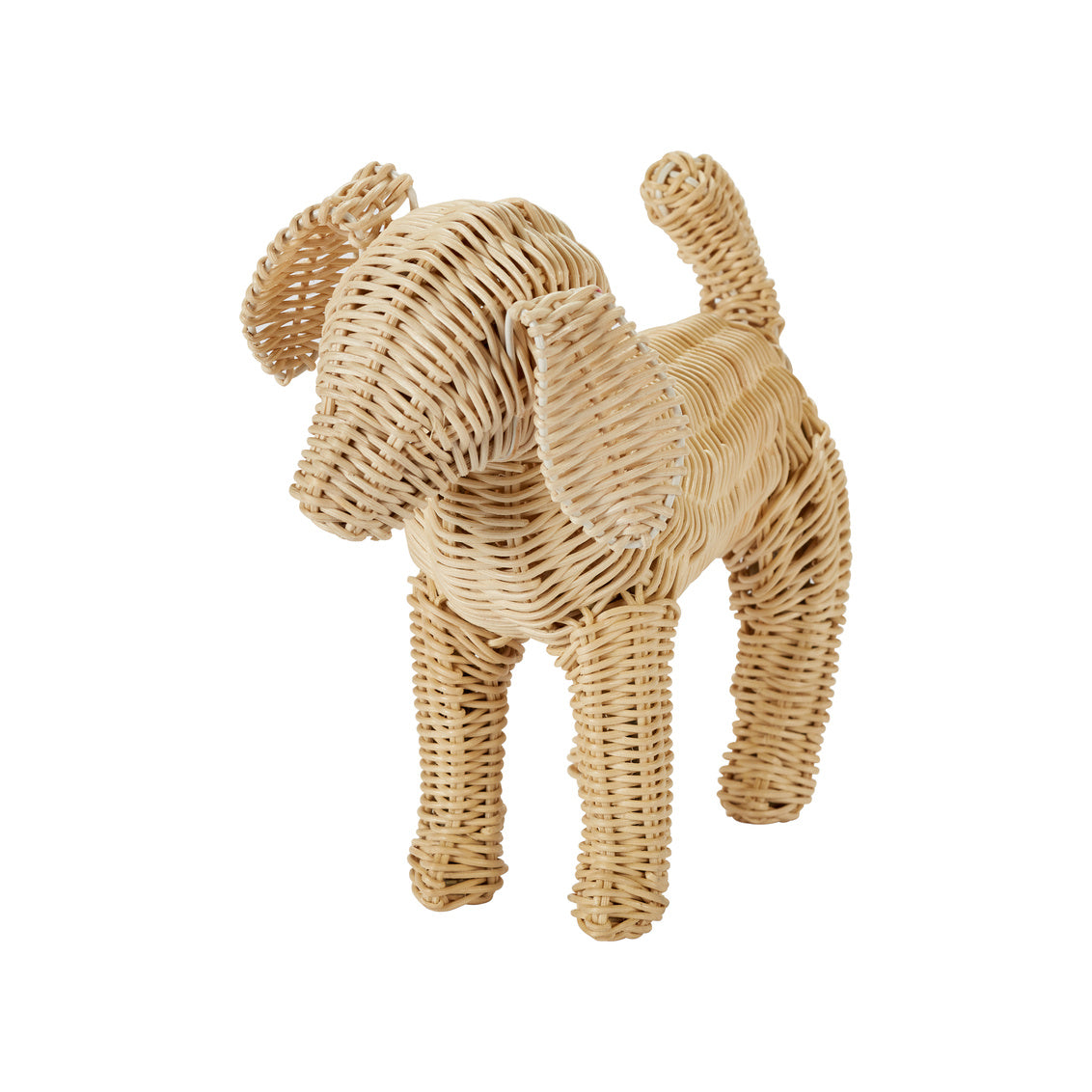 Little Potcake by Amanda Lindroth is a natural rattan weave dog figure. Front view