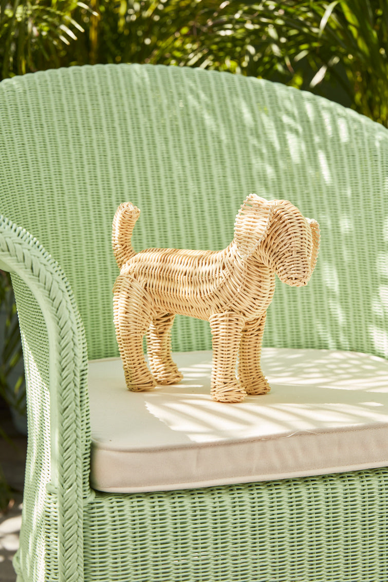 Little Potcake by Amanda Lindroth is a natural rattan weave dog figure. Lifestyle outdoor image