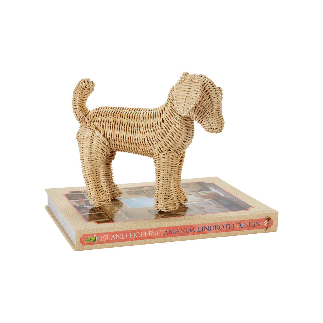 Little Potcake by Amanda Lindroth is a natural rattan weave dog figure. Standing on book