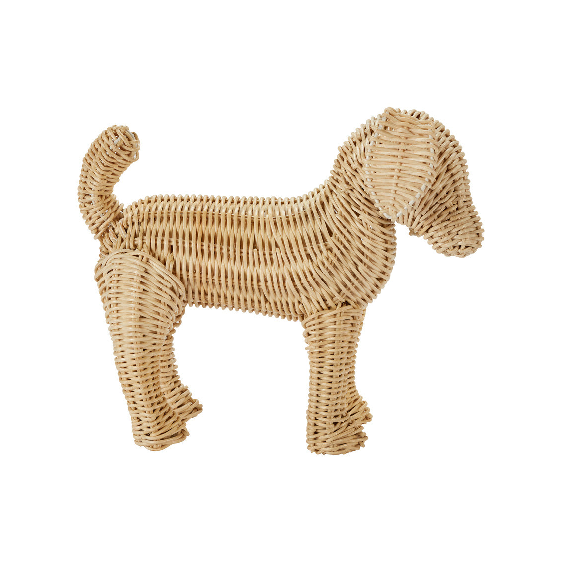 Little Potcake by Amanda Lindroth is a natural rattan weave dog figure. Side view