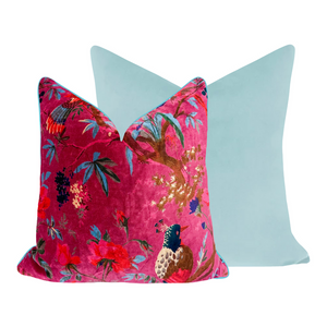 Magenta Rajmahal Velvet Throw Pillow with complementary color on back