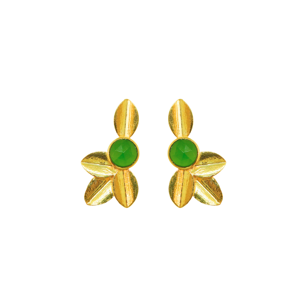 The "Melanie" Earrings have a bright green gemstone set in a gold floral design.