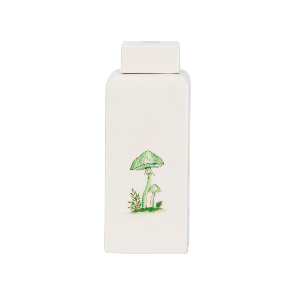 Mushroom Jar - Large has a whimsical hand-painted mushroom on creamy glaze, front view